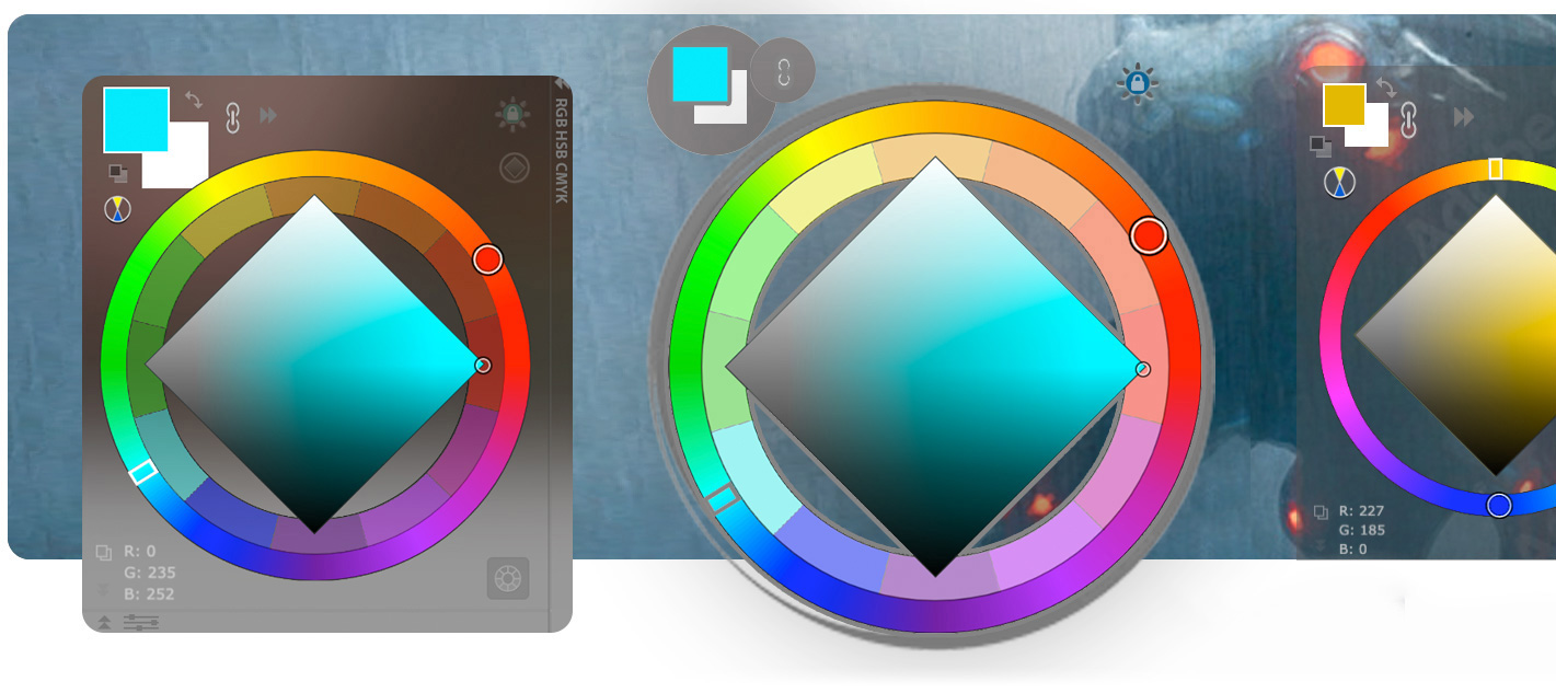 MagicPicker Color Wheel HUD in Photoshop: Crystal Glass Blur, Transparent & Opaque HUD modes. Adjust opacity 0-100 MagicPicker Color Wheel HUD in Photoshop: Crystal Glass Blur, Transparent & Opaque HUD modes. Adjust opacity 0-100