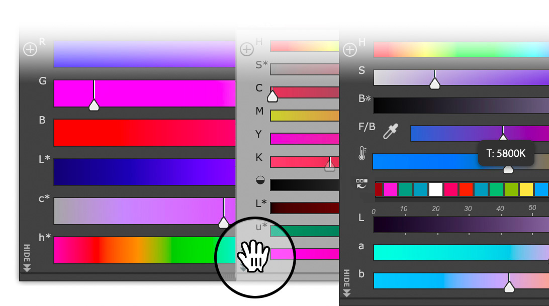Only MagicPicker for Photoshop: RGB, HSB, Lab, L*c*h, HSL, Temperature, Gradient, Grayscale, CMYK, CIE Luv color spaces & sliders designed for artists. With switchable numeric rulers Only MagicPicker for Photoshop: RGB, HSB, Lab, L*c*h, HSL, Temperature, Gradient, Grayscale, CMYK, CIE Luv color spaces & sliders designed for artists. With switchable numeric rulers