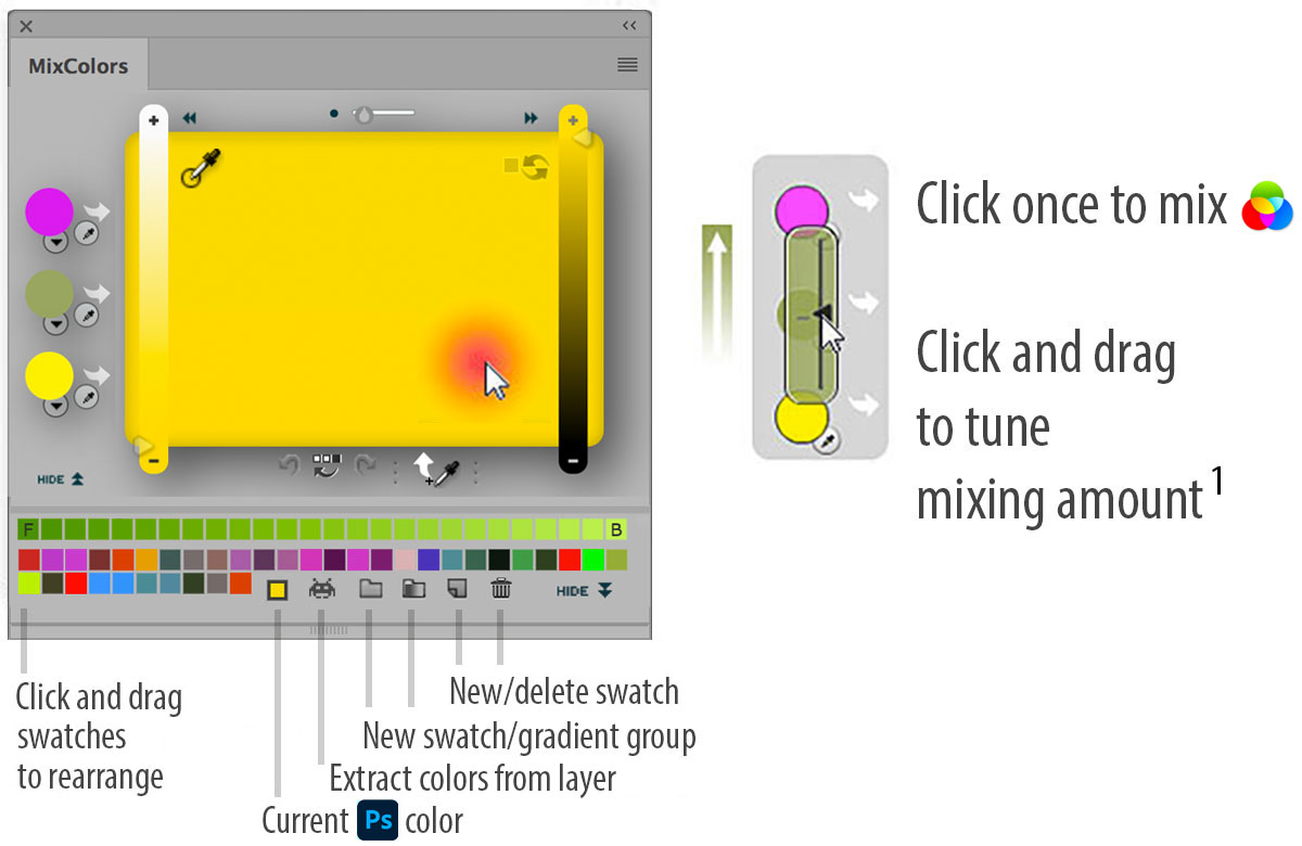 MixColors: Click once to mix. Click and drag to tune mixing amount. Click and drag swatches to rearrange, add, delete swatches. MixColors: Click once to mix. Click and drag to tune mixing amount. Click and drag swatches to rearrange, add, delete swatches.